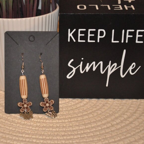 Natural Wooden Drop Earrings w/ Butterfly Detail - Picture 1 of 3